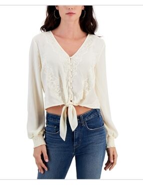 Self E Womens Lace Trimmed V Neck Peasant Blouse Off-White Juniors Large